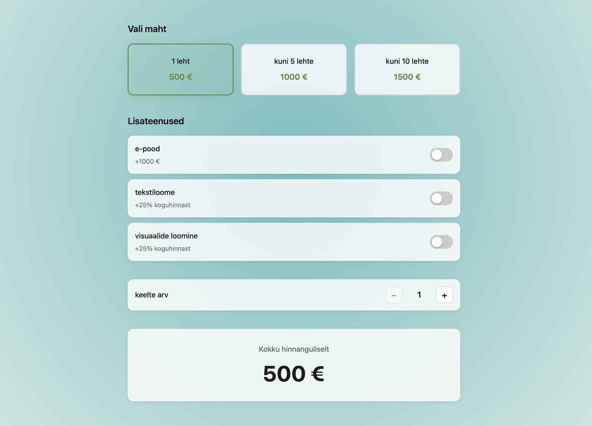 Veebiteenuste hinnakalkulaatori ekraanitõmmis
